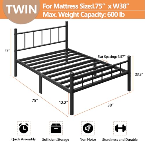 Image of zizin Twin Size Metal Bed Frame with Headboard & Footboard 14 Inch Metal Platform Mattress Foundation Support with Steel Slat, Under Bed Storage, No Box Spring Needed