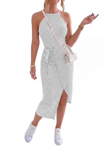 Image of NOLLSOM Women Casual Sleeveless Striped Tank Midi Dresses Halter Neck Ruched Bodycon Dresses Tie Waist T Shirt Summer Dress