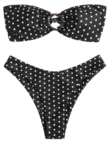 Image of ZAFUL Women's Bandeau Bikini O Ring Strapless Tie Back High Cut Two Piece Swimsuit Bathing Suits