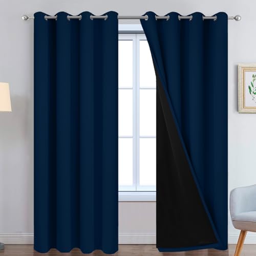 Image of Yakamok Dark Blue 100% Blackout Curtains 96 Inches Long 52 inch Wide 2 Panels | Blackout Curtain Panels for Bedroom, 2 Thick Layers Grommet Top Thermal Insulated Drapes with Black Liner for Living Room