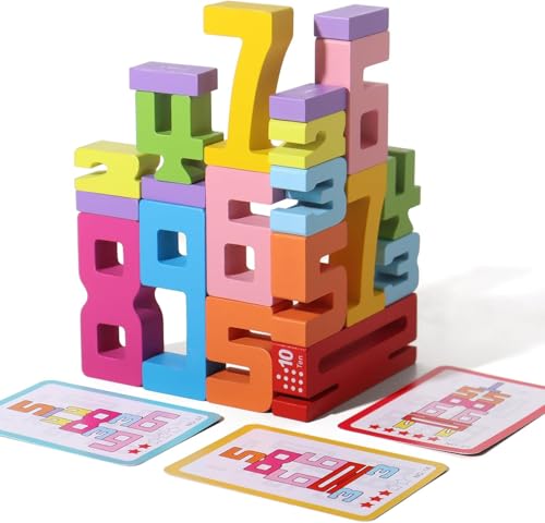 CHIYR 20 Pcs Stacking Wooden Math Numbers Blocks for 3+ Years Old Kids, 1-10 Montessori Toys, Game, Balance Competition, Toddler Learning Toys, Preschool Learning Activities, Wooden Blocks, 3-8 Years