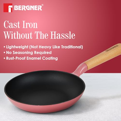 Image of BERGNER Excalibur Lightweight Cast Iron Frypan 18cm, Sturdy Wooden Handle, Non-Stick Coating, PFAS Free, Perfect Heat Distribution, Elegant Design - Induction and Gas Stove Ready (Pink)