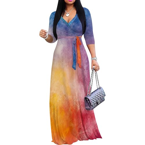 Image of PinkPatty Women's Print Maxi Dresses 3 /4 Sleeve Flowy Long Dress V Neck Wrap Tie Waist Sundress