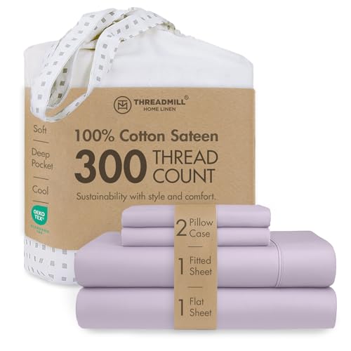 Image of Threadmill 300 Thread Count Cotton Queen Sheet Set, Sateen, Solid, Lilac | 100% Cotton, Sateen Weave, 4-Piece Set, 16 inch Deep Pocket, Cooling, Fade-Resistant, Breathable, Pill-Resistant