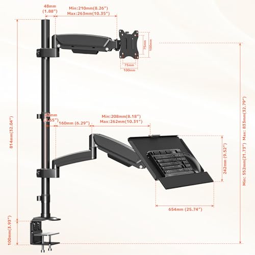 PUTORSEN Sit Stand Monitor Desk Mount for 17-32 inch Screens, Height Adjustable Full-Motion Articulating Arm with Keyboard Tray,19.8 lbs Monitor & 2.2lbs Tray Capacity, C-Clamp & Grommet Mount,Black by PUTORSEN - Image 7