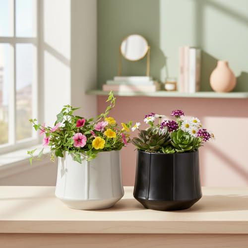 Image of Xtore 2 Pc Elegant Matte Black Ceramic Planter Pot for Indoor Plants & Tabletop Styling | Modern Minimal Desk, Shelf & Living Room Decor (Black & Grey, Planters only)