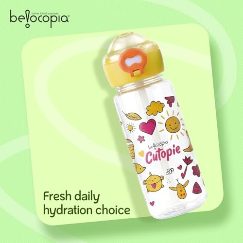 Image of Cutopie Kids Sipper Water Bottle 600ml | Yellow | BPA-Free, Spill Proof & Airtight | Food Grade Plastic Drinking Bottle for Toddlers & Children | Leakproof Flip Cap | School, Travel & Daily Use