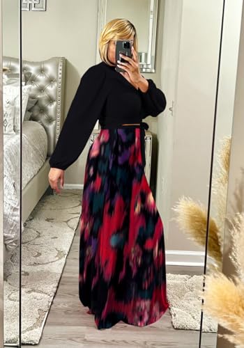 Image of Plus Size Women's 2 Piece Outfits Casual Long Sleeve Wrap Crop Top Maxi Long Dress Flowy Matching Sets