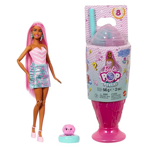 Barbie Pop Reveal Serie Set aus Modepuppe und Zubehör Treat-Serie Sweet Swirl Design mit Haustier 8 Überraschungen inklusive Farbwechsel JFY62