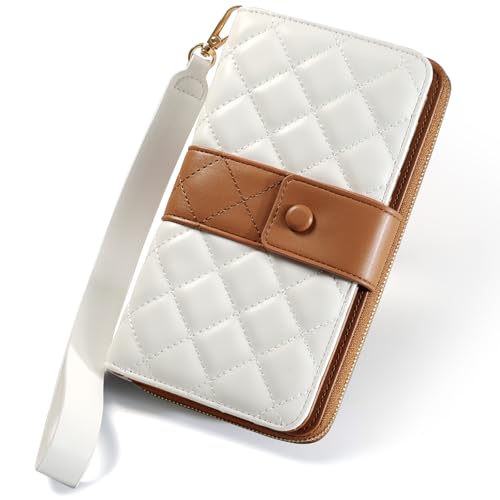 TiMOVO Leather Wallet for Women with RFID Blocking, Holds 12 Cards, Wrist Strap, Large Capacity Travel Purse, Beige + Brown
