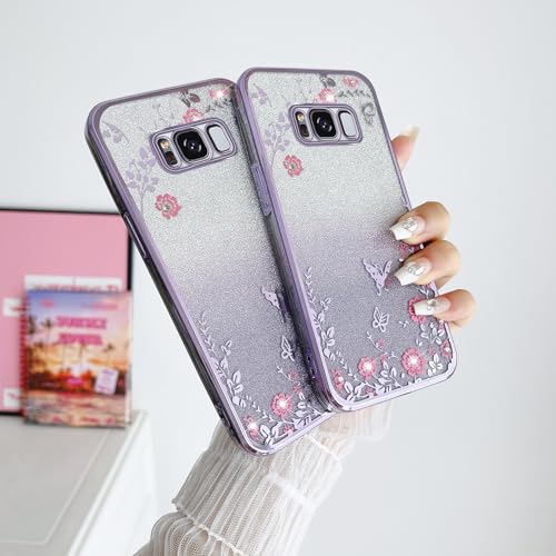 Image of for Samsung Galaxy S8 Plus Case, Galaxy S8 Plus Case for Women Gradual Change Glitter Crystal Soft TPU Butterfly Floral Heart Clear Protective Cover with Strap for Galaxy S8 Plus (Purple)