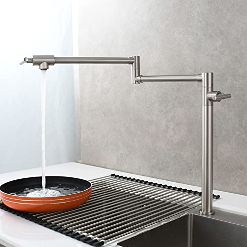 Pot Filler Faucet, Deck Mounted Brass Folding Faucet With Double Joint Swing Arm,Cold Water Single Hole Two Handles Kitchen Sink Faucet,Brushed (Color : Chrome) #TOP3