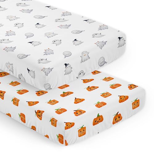 Sweet Jojo Designs 2-Piece Baby Crib Sheets Set (Halloween Ghosts & Pumpkins) for Boys or Girls Infant Nursery Toddler Room - Standard Size (Ghost Jack O Lanterns Festive Holiday Gender Neutral)
