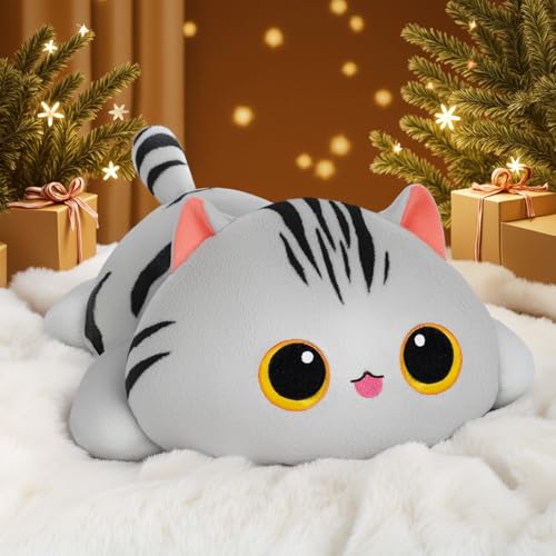 Image of Mewaii Cute Cat Plush Pillow, Kawaii Plushies Grey Cat Stuffed Toys, Squishy Plushies, Cuddle Plush Pillow for Boys & Girls