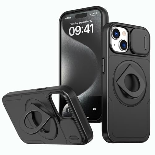 Rdyi6ba8 Coque Compatible avec iPhone 15, Cache-Objectif Coulissant, Protection Caméra Étui, avec Anneau Rotatif à 360° comme Support Housse pour iPhone 15-Noir