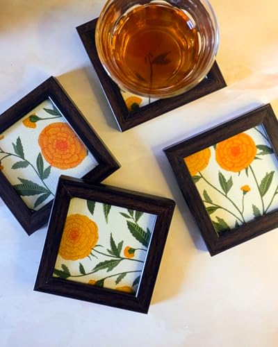 Image of Coaster | Wooden Square Shaped Frame | Stylish Ethnic Tabletop Design | Ideal for Home & Office | Perfect for Tea Cups, Coffee Mugs & Glasses (Marigold, Set of 4)