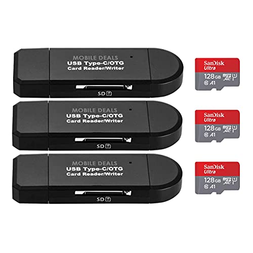Mobile Deals Portable Memory Card Reader 3-in-1 USB 2.0 and Micro USB to USB-C OTG Adapter for SDXC, SDHC, SD, MMC, Micro SDXC, Micro SD, Micro SDHC, UHS-I + SanDisk 128GB Ultra Memory Card (3-Pack)