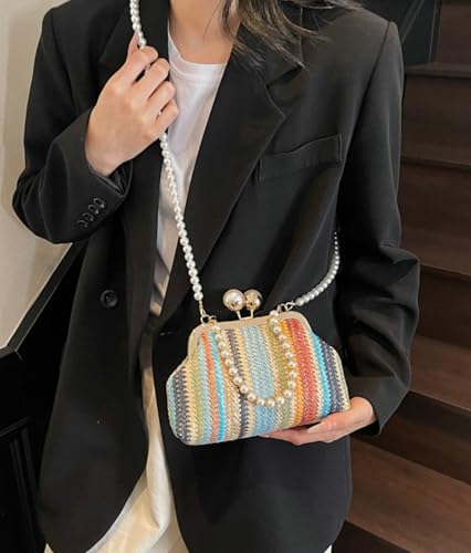 Straw Woven Shell Bag Women Kiss Lock Pearl Top Handle Handbag Summer Colorful Rainbow Striped Shoulder Tote2