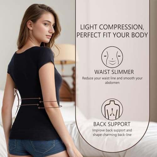 Image of +MD Women's Seamless Short Sleeve Undershirt, Light Compression Scoop Neck Tank Top, Tummy Control Basic Tee Camisole