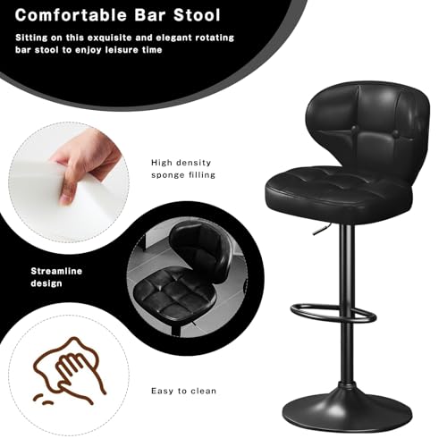 Image of Bar Stools Set of 2, Adjustable Swivel Bar Chairs with Backrest and Footrest, Modern PU Leather Upholstered Counter Height Stools for Kitchen Island, Bar, Dining Room Black