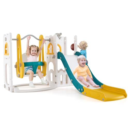 【7 in 1 Scivolo a Forma di L per Bambini】Il nostro scivolo per bambini offre un divertimento multifunzionale con un telescopio, arrampicatore, scivolo, altalena, tiro a canestro, nascondiglio e spazio di stoccaggio. Questo set di gioco è un centro di intrattenimento completo che mantiene il vostro bambino impegnato e attivo.