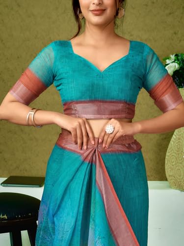 Image of Satrani Women's Linen Printed & Zari Border Ready To Wear One Minute Pre Pleated Readymade Saree with Unstitched Blouse Piece