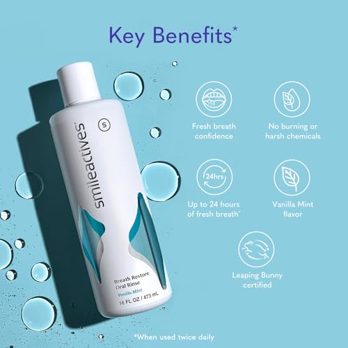 Smileactives Breath Restore Oral Rinse, Adults Mouthwash for Bad Breath and Gum Health, Promotes Oral Care, Healthy Mouth and Long Lasting Fresh Breath, Sugar and Alcohol-Free, Vanilla Mint, 16 fl oz