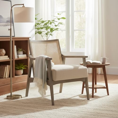 Image of APRODZ Mango Wood Arm Chair for Living Room with Cane Back & Wooden Armrest | Solid Wood Chair for Home Use Bedroom Dining Drawing Room and Balcony | Solid Wood Accent Chair, Grey Finish