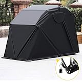 Hochsicherheitsfaktor: Unser Motorradzelt kann aufgrund des Rahmens aufrecht auf dem Boden stehen oder mit Schrauben am Boden befestigt werden, um dem widrigen Wetter und der natürlichen Umgebung zu widerstehen. Natürlich können Sie auch ein Vorhängeschloss so konfigurieren, dass ein doppelter Schutz besteht. Niemand kann Ihr Fahrzeug beschädigen und bietet Ihnen 100 % igen Schutz. (Schrauben und Vorhängeschlösser nicht enthalten)