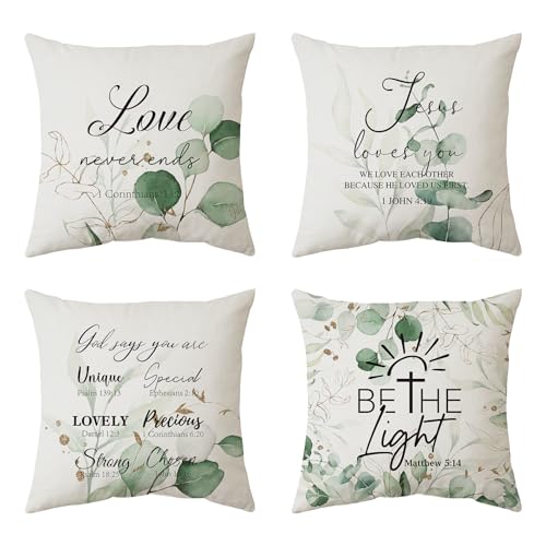 Aartner 4 Pack Wedding Gift for Couple Eucalyptus Leaf Throw Pillow Covers 18'' Cotton Bible Verse Jesus Christian Gift Green Leaves Summer Cushion Case Decoration Sofa Couch Hidden Zipper