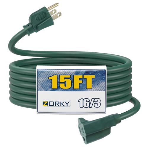 Image of 15ft Outdoor Extension Cord for Christmas Decorations - 16 /3 Heavy Duty SJTW Waterproof Green Electrical Cable with 3 Prong Grounded Plug for Safety, Great for Lawn and Major Appliances