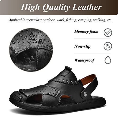 Qiucdzi Mens Leather Sandals, Closed-Toe Hiking Sandals Slip-on Summer Sandals Adjustable Athletic Beach Sandals Handmade Fisherman Shoes for Outdoor2