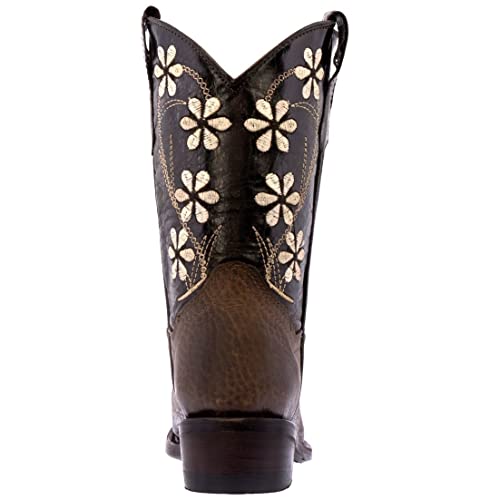 Kids Dark Brown Western Cowboy Boots Flower Embroidery Snip Toe4