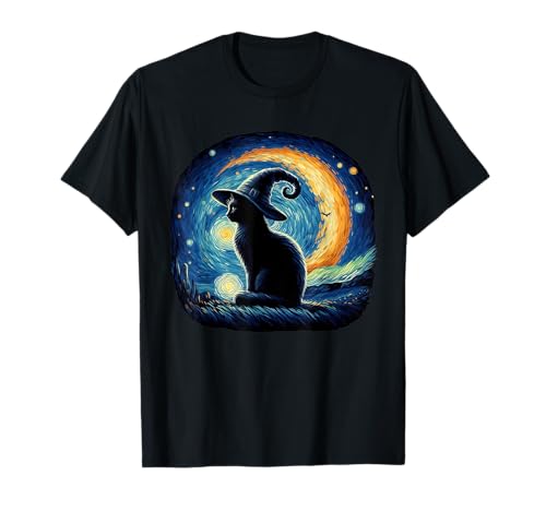 Vintage Scary halloween black cat Van gogh Starry Night Moon Maglietta