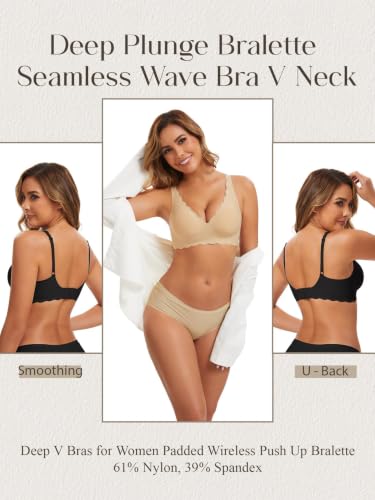 Image of Seamless Wavy Bra Wireless Jelly Bralette Low Cut Deep V Neck Bras | Adjustable Straps, Sexy Plunge Bra, Removable Pads, High Elastic Fabric, Scalloped Edges, Deep V Bras for Women No Underwire