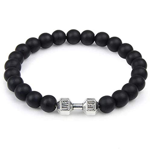 Natural Stone Unisex Calming Functional Fitness Bracelet with Alloy Dumbbell or Barbell Olympic Weightlifting Charm (Black)