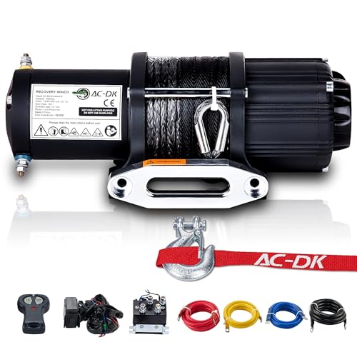 AC-DK 4500 lb. Electric Synthetic Rope ATV/UTV Winch Kits, DC 12V Wireless Winch for Towing Off Road Trailer Winch with Wireless Remote Control, Winch Mounting Bracket, Winch Rope Stopper
