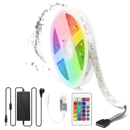 5M WIFI Striscia LED RGBW impermeabile IP65, 24V Striscia LED RGB+bianco caldo 3000K dimmerabile con Telecomando e alimentatore, striscia LED 60LEDs/m, compatibile con APP Alexa, Google home