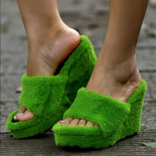 Women's Fuzzy Fluffy Wedge Slippers Fashion Plush Open Toe Comfy Slip On Platform House Sandals Anti-Slip Party Shoes for Ladies2