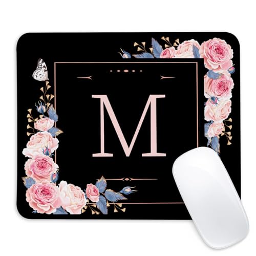 Letter M Black and Pink Flowers Square Mouse Pad, Mouse Pad with Stitched Edge and Non-Slip Rubber Base,Mouse Mat,Home Office Decor Desk Accessories,9.4x7.8x0.12 inch Square Mouse Pad