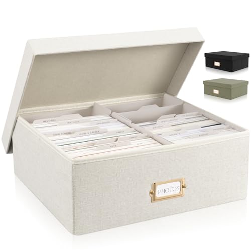 ZICOTO Decorative Photo Storage Box – Sturdy Linen Photo Organizer with Dividers is Perfect to Store Up to 1700 Pictures and 4×6 Photos – Portable Scrapbook Storage Containers with Lid