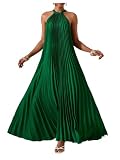 OYOANGLE Women's Summer Maxi Dress Wedding Guest Party Sleeveless Pleated Long Flowy Beach Vacation Dress Dark Green L