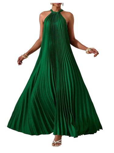OYOANGLE Womens Summer Maxi Dress Wedding Guest Party Sleeveless Pleated Long Flowy Beach Vacation Dress Dark Green M