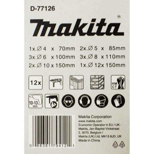 Makita D-77126 Steinbohrer-Set 12-teilig in Aufbewahrungsbox, für bpsw. Mauerwerk und Ziegelstein, Ø 4-12 mm, Rundschaft