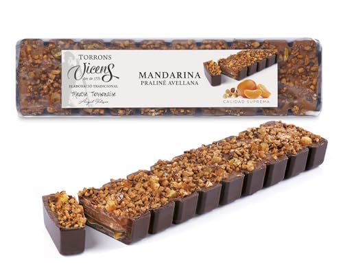 Turrón de Mandarina con Praliné de Avellana 300g Torrons Vicens - Dulce navideño Calidad Suprema - Turrón con praliné de bombón de avellana y caramelo de mandarina - Tradición e innovación