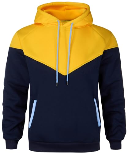 Wielsscca Mens Hoodies Patchwork Pullover Fleece Color Block Long Sleeve Sweatshirts Casual Tops with Pocket Yellow Navy M