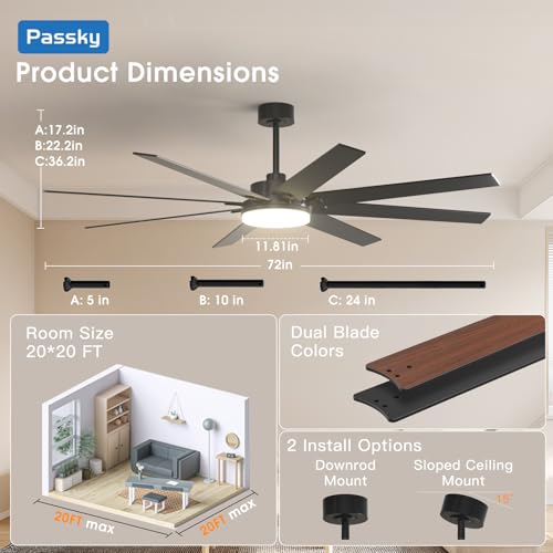 Image of 72 inch Ceiling Fans with Lights, Large Modern Ceiling Fan with Light and Remote Control, Reversible, 3CCT, Dimmable, Quiet, Black Ceiling fan For Bedroom, Living Room, Patio Farmhouse, Indoor /Outdoor