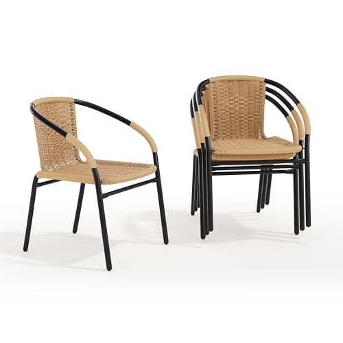 Image of EMMA + OLIVER Set of 4 Modern PE Rattan Stack Chairs, Indoor /Outdoor Patio Dining Chairs, No Assembly Required, Beige