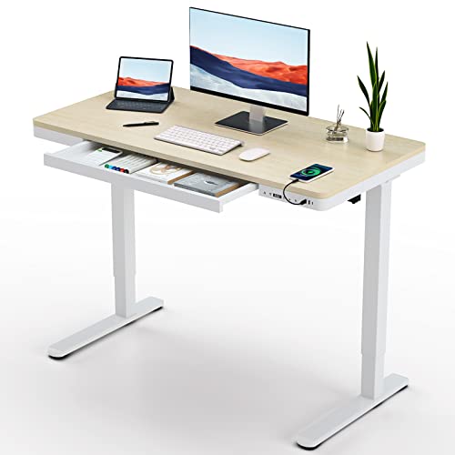 Joy Seeker Electric Standing Desk With Drawers And Usb Ports, Whole Piece 48 X 24 Inches Adjustable Height Desk, Modern Sit Stand Up Desk ,Ergonomic Rising Desk For Home Office Workstation, Light Wood #TOP5