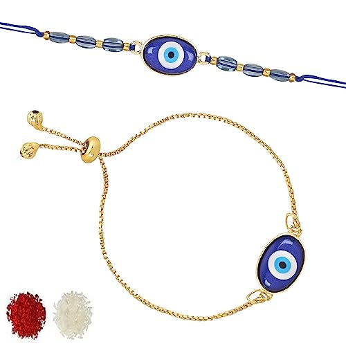 Image of I Jewels Hamsa Enamel Evil Eye Lumba Rakhi Set for Brother and Bhabhi with Roli Chawal and Rakshabandhan Card | Couple Rakhi